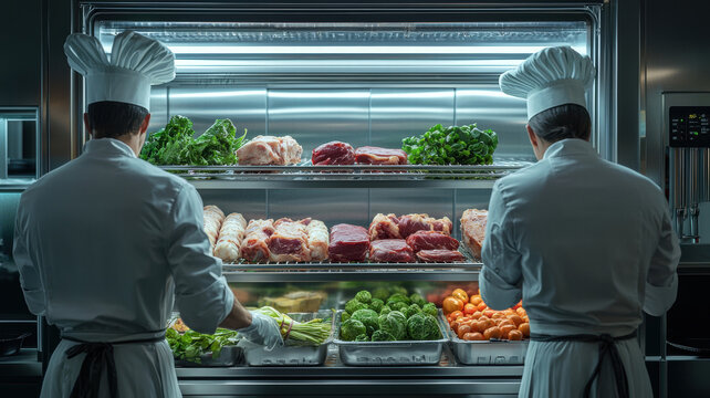 Cold storage area inside a commercial refrigerator, with chefs preparing fresh produce and meats for food preparation in a high-end restaurant kitchen