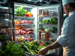 Cold storage and food preparation section in a commercial refrigerator, with fresh produce and meats arranged for efficient use in a professional restaurant kitchen