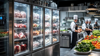 Cold storage unit in a commercial refrigerator displaying fresh produce and meats, as professional chefs prepare ingredients for food preparation in a gourmet restaurant kitchen