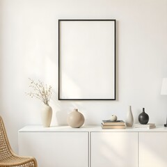 Fototapeta premium A minimalist interior scene featuring a blank black-framed picture hanging on a beige wall. Below it, a white cabinet displays various decorative items, including a beige vase, 