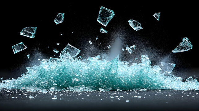 Shattered teal glass explodes against black background; destruction, impact, or fragility concept