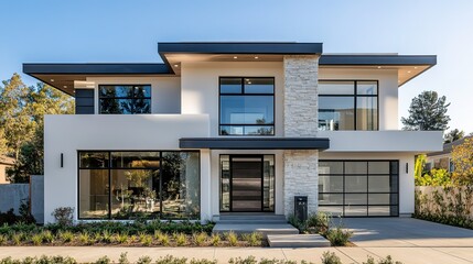 Modern Two Story House With Stone Accents And Large Windows