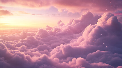 Dreamy Pastel Sky with Fluffy Clouds and Sparkling Stars,A dreamy,pastel sky filled with fluffy clouds at sunset,dreamy sky with pastel clouds and twinkling stars,sparkling stars, pink fantasy sky,Ai