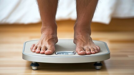 Fototapeta premium Mature Individual Weighing Progress On Fitness Journey In Bedroom