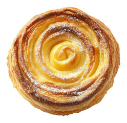 Delicious spiral custard pastry with powdered sugar topping, close-up. Gourmet dessert and bakery concept