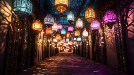 Obraz premium Enchanted Arabian Night: A Walk Through a Colorful Lantern-Lit Alley