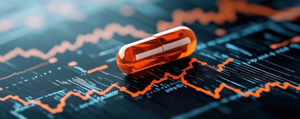A capsule rests atop a financial graph, symbolizing the intersection of health and economics in today's market.