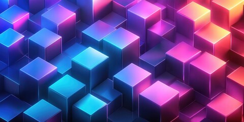 Abstract Neon Cubes Digital Art: Vibrant 3D Geometric Pattern with Glowing Colors