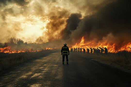 Firefighter confronts large field fire; dramatic sky; silhouettes of firefighters