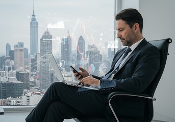 Man Working on Laptop and Phone with Financial Data Overlayed City View