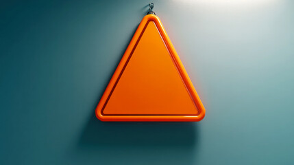 A bright orange triangular warning sign hanging against a blue wall, conveying caution or alertness.