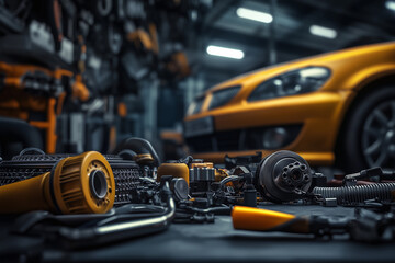 Fototapeta premium Various car spare part on the garage floor on a car background, auto repair shop or auto parts store concept...