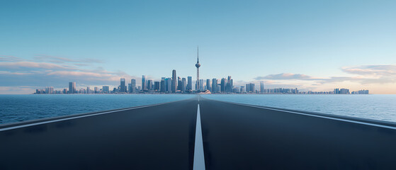 Fototapeta premium A Futuristic Highway Leading Directly to a Modern City Skyline, Surrounded by Calm Blue Water
