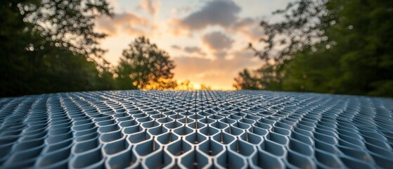 Fototapeta premium Grey Metal Honeycomb Grid at Sunset Landscape