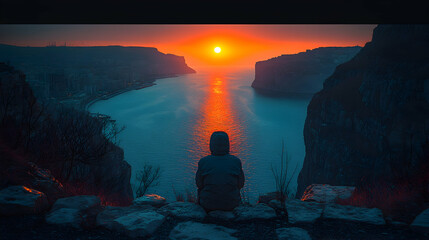 Obraz premium Solitary figure watching sunrise over sea cliffs