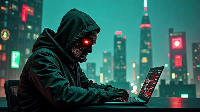 Hacker running artificial intelligence spyware software designed to gather information from users computers without their knowledge. Scammer commits fraud