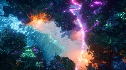 Top-down perspective of a private island beach, shimmering golden sand leading to a gentle lagoon, surrounded by a dense jungle canopy, futuristic holographic overlay