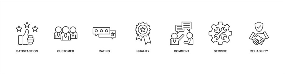 Feedback banner web icon sheet vector illustration concept with icon of satisfaction, customer, rating, quality, comment, service, reliability
