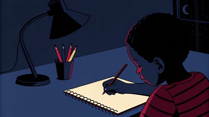 Child drawing at night with desk lamp creating cozy artistic ambiance