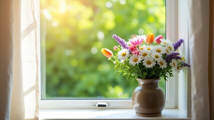 A vibrant bouquet of fresh flowers on a windowsill, bathed in sunlight, creating a peaceful and refreshing spring morning vibe.