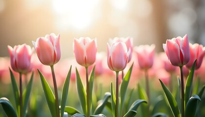 Pink tulips in full bloom with morning sunlight