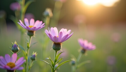 Fototapeta premium Pink wildflowers blooming in sunlight with blurred background