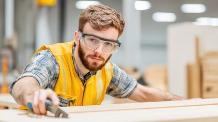 A focused worker in safety goggles measures wood in a workshop, showcasing craftsmanship and attention to detail.