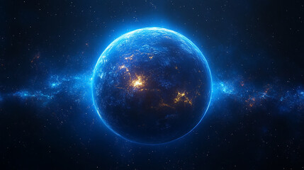 A stunning blue abstract view of a glowing planet from space with bright tones and a blurred background, creating a sense of vastness, mystery, and cosmic energy.

