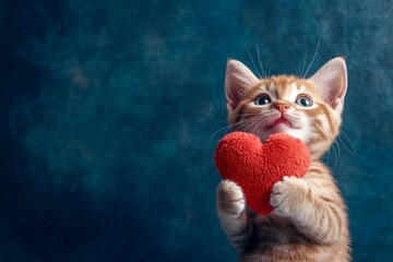 Munchkin - my desired cat. Ad creative. Cute munchkin kitty with fluffy red heart - emblem of love, funny greeting card. Fluffy valentine gift idea. Valentine's decor cat. Cute pet. Fluffy c.