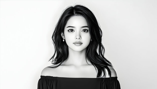 Portrait of a woman with shoulderless top against a plain backdrop, for design use. Generative AI
