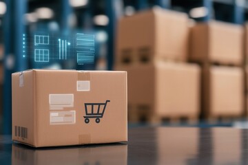 E-commerce logistics concept. A cardboard box with a shopping cart icon sits in a warehouse, surrounded by stacked boxes, symbolizing e-commerce and inventory management.