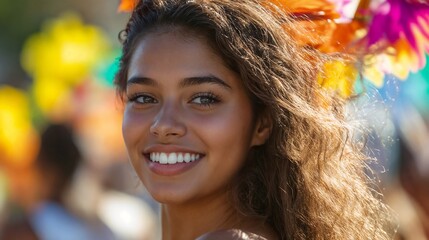Radiant mixed-race woman at outdoor festival. Ideal for lifestyle, diversity, and joyful celebration content.