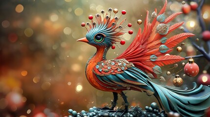 Beautiful decorative phoenix with festive christmas ornaments surrounding it