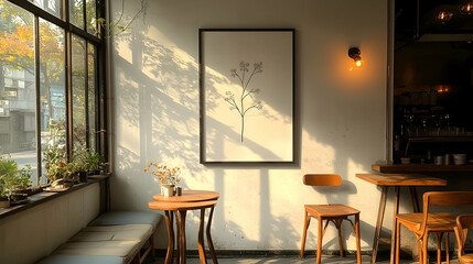 Sunny cafe interior, wooden tables, autumn view