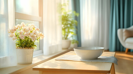 Sunny morning, flowers, bowl on table, living room, home decor