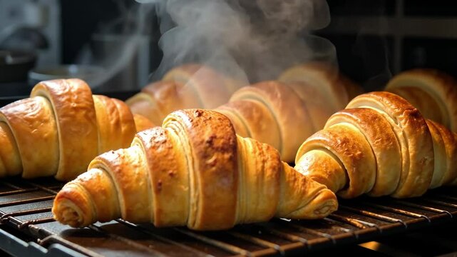 A close-up of fresh French croissants, baked croissant in the oven