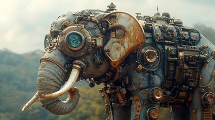 Mechanical steampunk elephant stands majestically against a natural backdrop