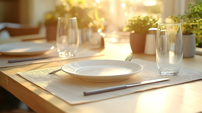 Sunny restaurant table setting, two place settings,  window background, perfect for food blogs
