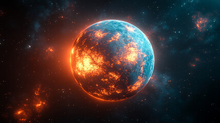 A stunning blue abstract view of a glowing planet from space with bright tones and a blurred background, creating a sense of vastness, mystery, and cosmic energy.

