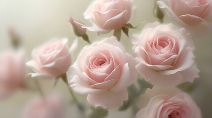 The image features light pink roses in a soft color and blur style for a background, along with sweet pastel-tone rose flowers and soft petals.