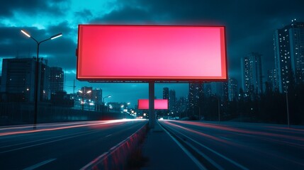 Night Cityscape with Illuminated Billboards on Highway
