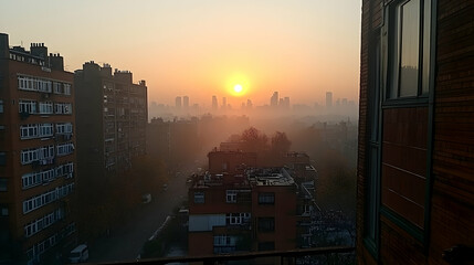 Sunrise over foggy city skyline viewed from balcony