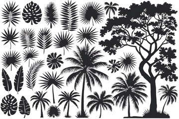 Black Silhouettes of Tropical Leaves, Palms & Trees – High-Quality PNG