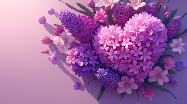 Heart-shaped hole filled with hyacinth flowers on vibrant pink background, flat lay spring floral banner
