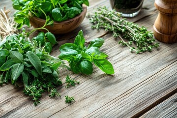 Fresh herbs arranged on rustic wooden table with dark background