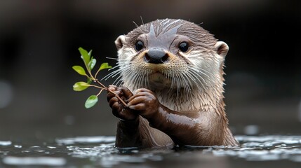 Fototapeta premium Cute otter holding a small branch in water. Possible use Nature photography, wildlife, education