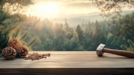 an old carpenter’s hammer and a handful nails resting on an aged wooden plank, illuminated by diffused golden-hour light for a nostalgic and rustic feel