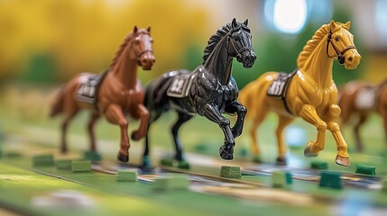 Plastic toy horses racing on a colorful board game