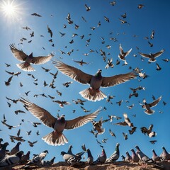 A flock of pigeons with glowing feathers flying against a radiant blue sky.