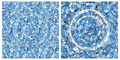Seamless pattern blue Circular Mosaic. Decorative Antique Stone Ornament.